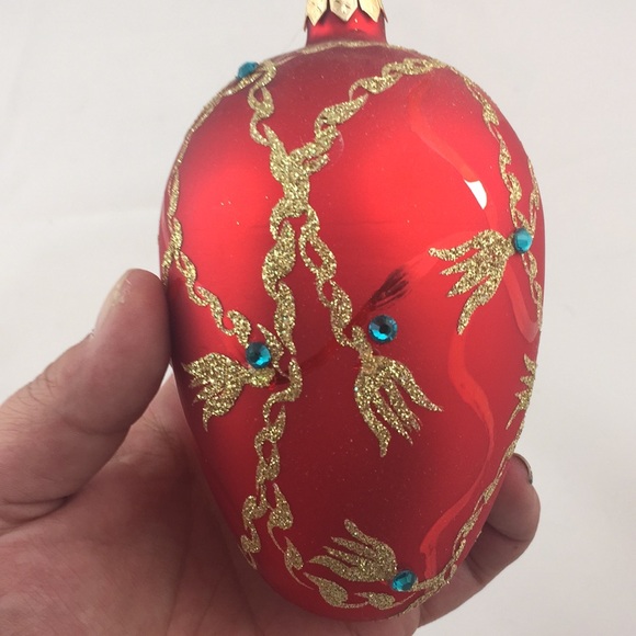 VINTAGE ARTISAN HANDCRAFTED RED EGG SHAPED CHRISTMAS ORNAMENT UPCYCLED - Picture 4 of 8